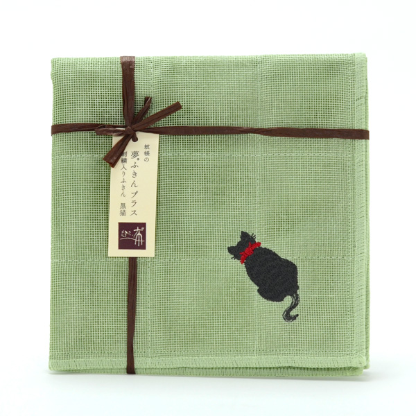 貓刺繡布巾 - 綠色